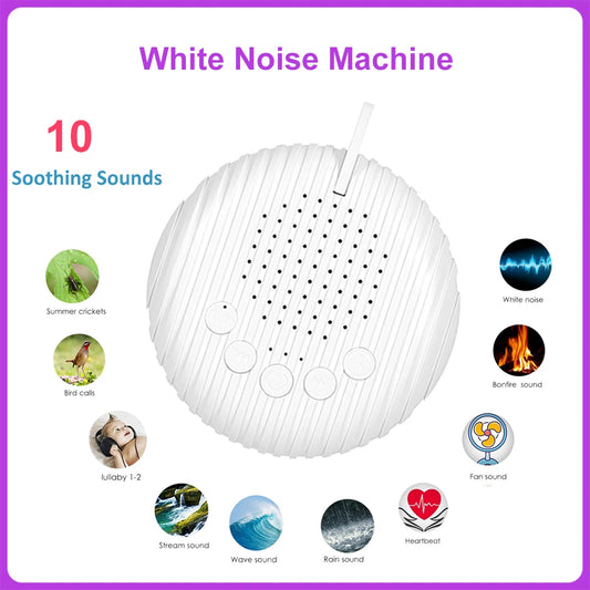 Portable White Noise Sound Machine for Babies - 10 Soothing Sounds, Adjustable Volume, Rechargeable Battery, USB Powered