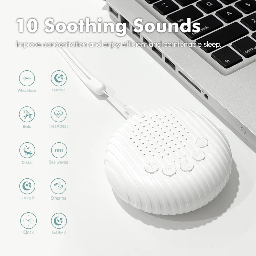 Portable White Noise Sound Machine for Babies - 10 Soothing Sounds, Adjustable Volume, Rechargeable Battery, USB Powered