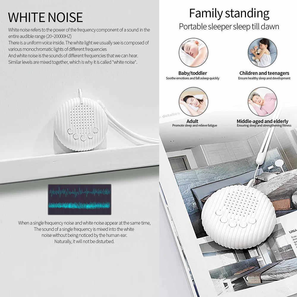 Portable White Noise Sound Machine for Babies - 10 Soothing Sounds, Adjustable Volume, Rechargeable Battery, USB Powered