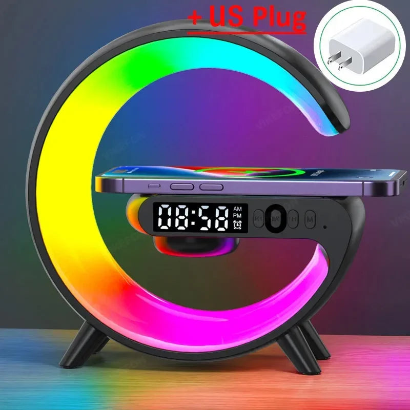 RGB Wireless Charging Stand with Alarm Clock and Speaker for iPhone 16/15/14/13, Samsung, and Xiaomi - Mini Fast Charging Dock Station