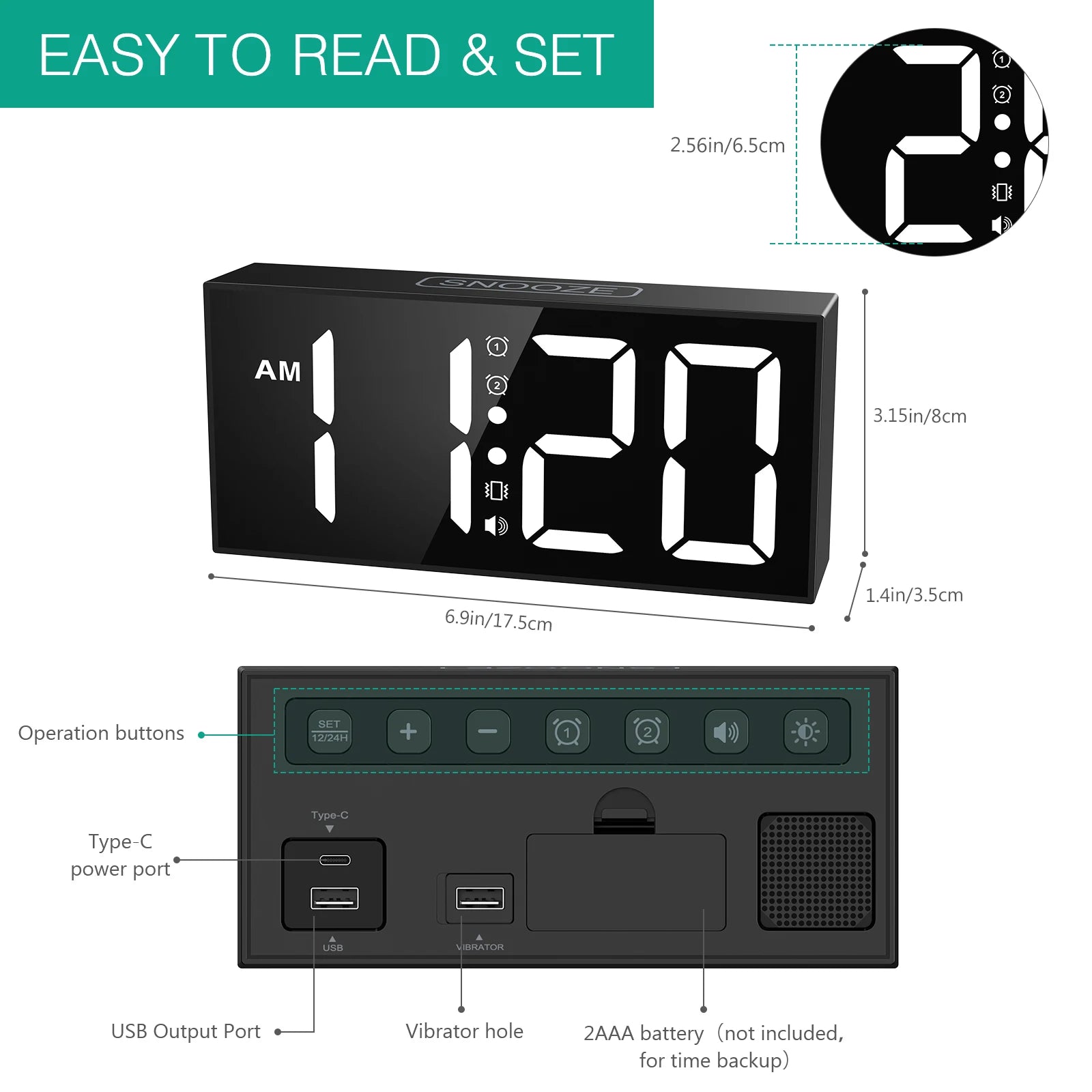 ORIA 7.5'' LED Vibrating Alarm Clock with Loud Alarm and Bed Shaker - Ideal for Heavy Sleepers and Hearing Impaired