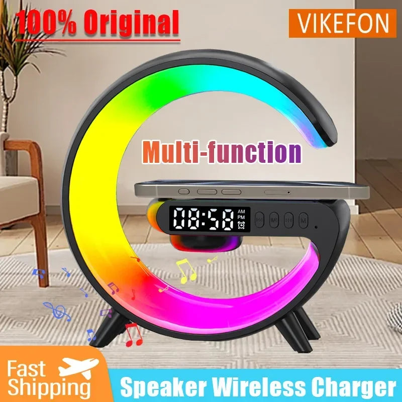 RGB Wireless Charging Stand with Alarm Clock and Speaker for iPhone 16/15/14/13, Samsung, and Xiaomi - Mini Fast Charging Dock Station