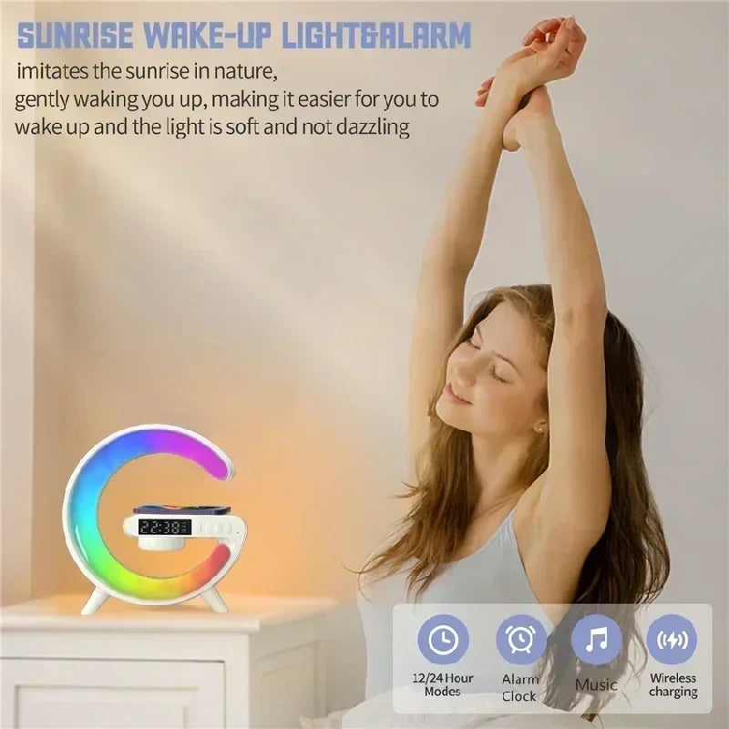 RGB Wireless Charging Stand with Alarm Clock and Speaker for iPhone 16/15/14/13, Samsung, and Xiaomi - Mini Fast Charging Dock Station