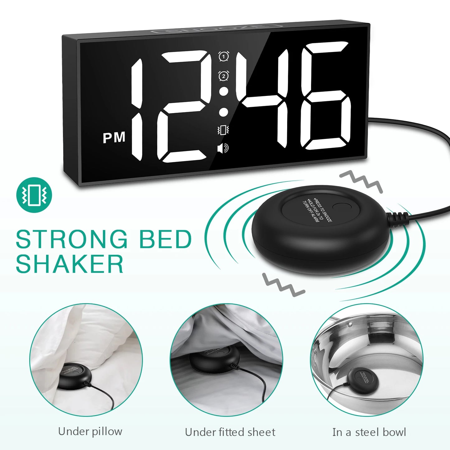 ORIA 7.5'' LED Vibrating Alarm Clock with Loud Alarm and Bed Shaker - Ideal for Heavy Sleepers and Hearing Impaired