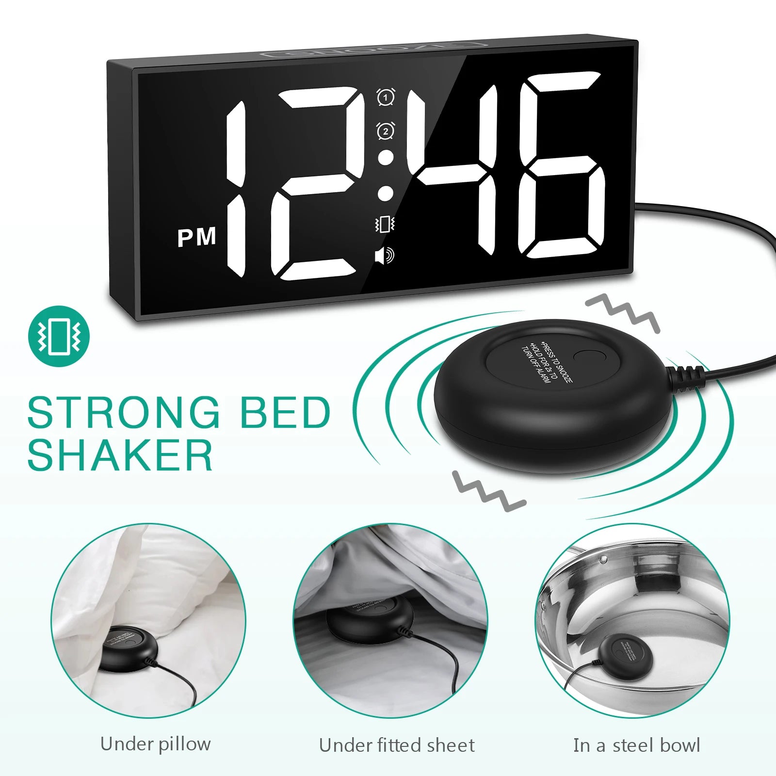 ORIA 7.5'' LED Vibrating Alarm Clock with Loud Alarm and Bed Shaker - Ideal for Heavy Sleepers and Hearing Impaired
