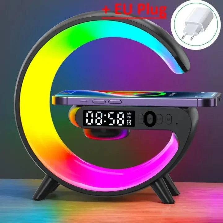 RGB Wireless Charging Stand with Alarm Clock and Speaker for iPhone 16/15/14/13, Samsung, and Xiaomi - Mini Fast Charging Dock Station