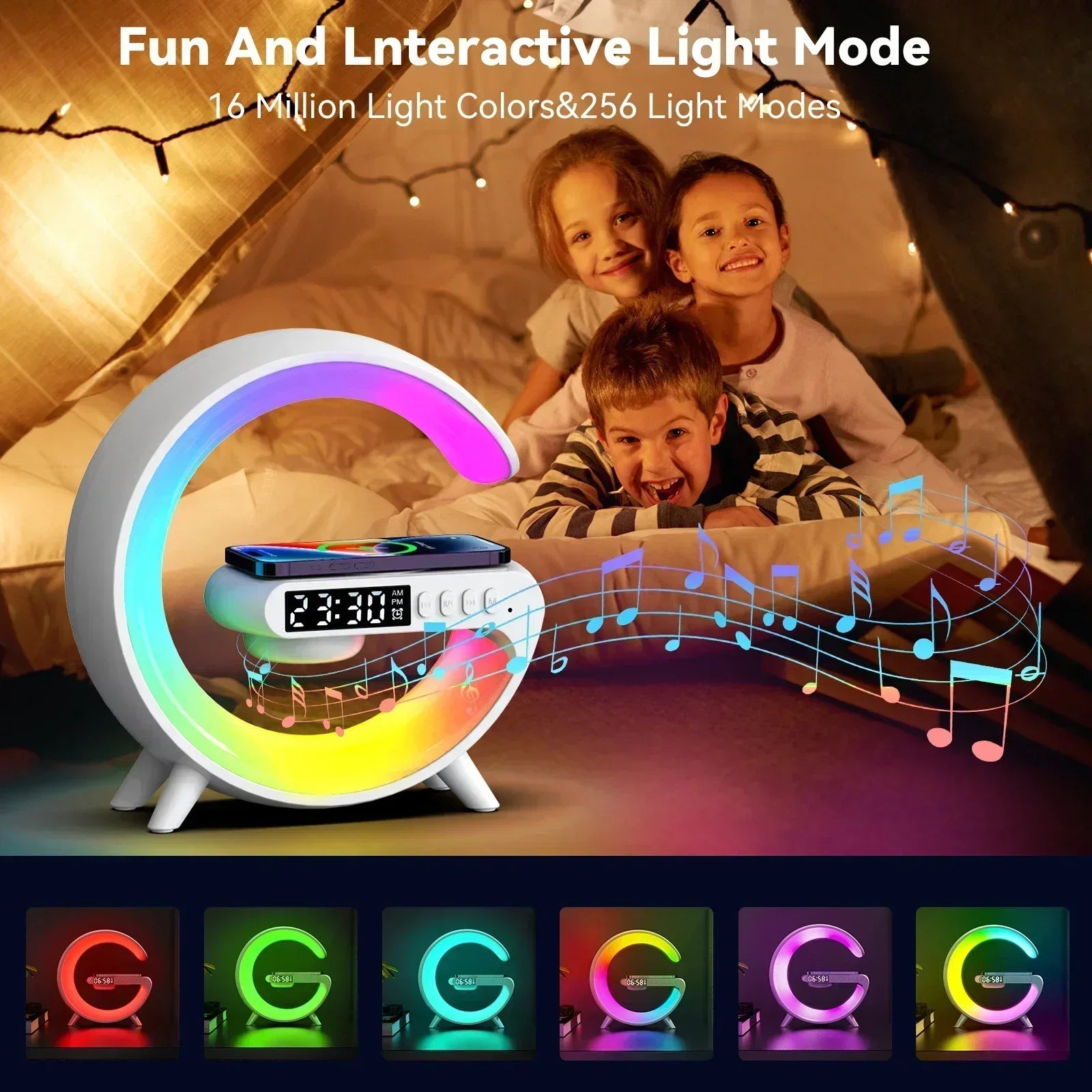 RGB Wireless Charging Stand with Alarm Clock and Speaker for iPhone 16/15/14/13, Samsung, and Xiaomi - Mini Fast Charging Dock Station
