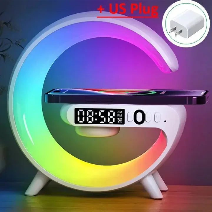 RGB Wireless Charging Stand with Alarm Clock and Speaker for iPhone 16/15/14/13, Samsung, and Xiaomi - Mini Fast Charging Dock Station