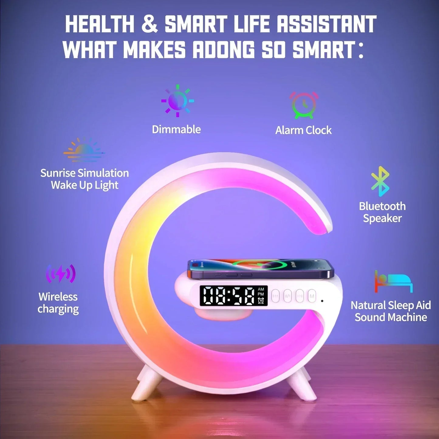 RGB Wireless Charging Stand with Alarm Clock and Speaker for iPhone 16/15/14/13, Samsung, and Xiaomi - Mini Fast Charging Dock Station