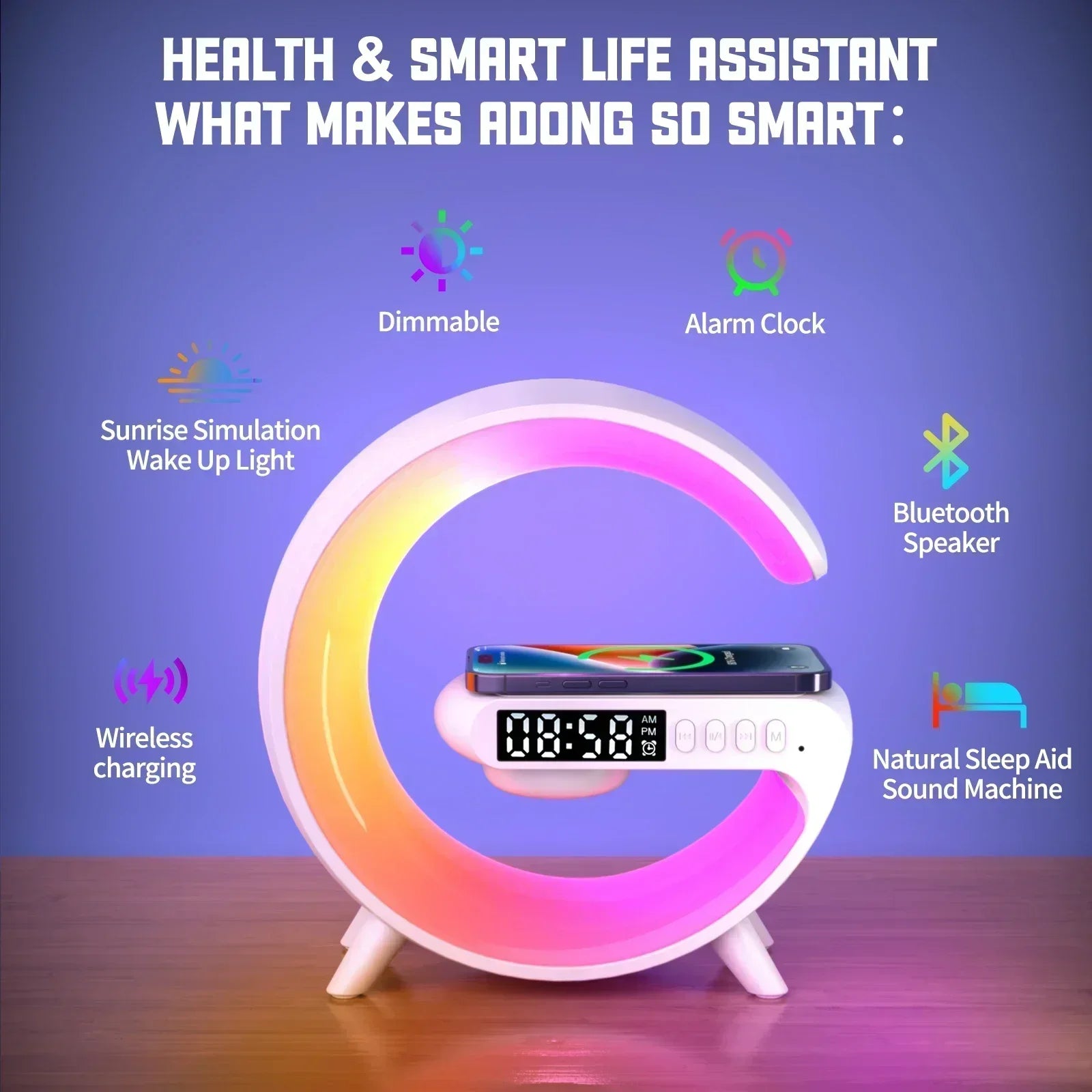 RGB Wireless Charging Stand with Alarm Clock and Speaker for iPhone 16/15/14/13, Samsung, and Xiaomi - Mini Fast Charging Dock Station