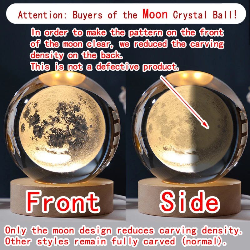 Unique 3D Crystal Ball Night Light Led Lamp Bedside Table Glowing Galaxy Lamp Saturn Planets Moon Birthday Gift Toy 5cm