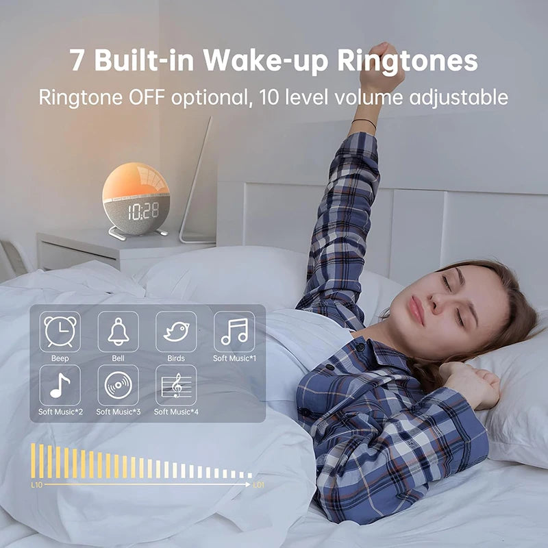 Colorful Sunrise Alarm Clock - Wake Up Light with Natural Sounds for Bedroom and Living Room Decor