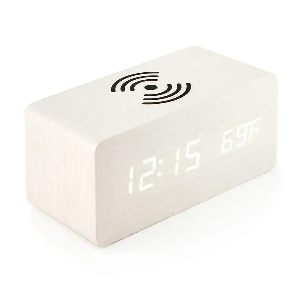 Alarm Clock LED Digital Wooden USB/AAA Powered Table Watch with Temperature Humidity Wireless Charging Electronic Desk Clocks